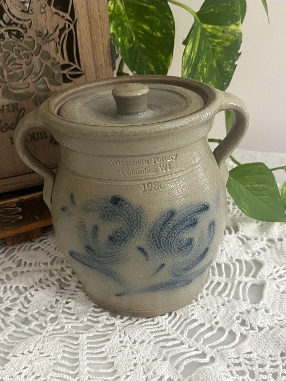 Vintage Wisconsin Pottery Salt Glazed Lidded Crock 1986 Columbus, WI